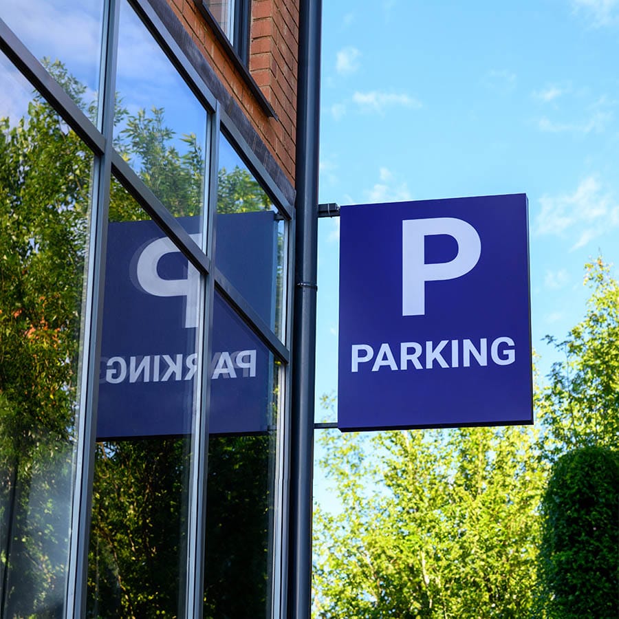 Parking sign on a modern shopping mall.